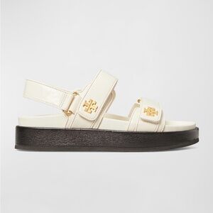 Tory Burch Cream Leather Platform Sandal with Gold Logo